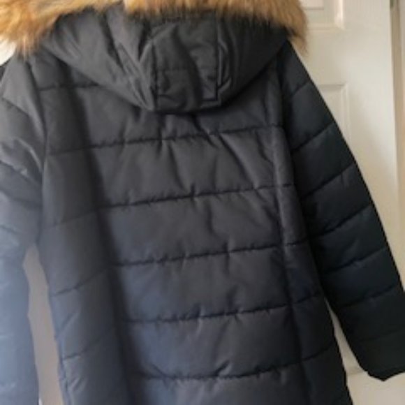 WOMENS (L) NOIZE cruelty-free outerwear Coat  Black with  FAUX Fur trimmed Hood - Picture 2 of 7